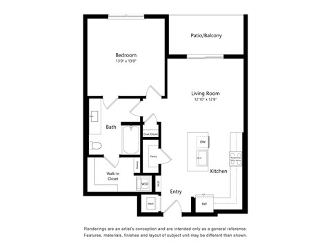 A floor plan of a house with a bedroom, living room, kitchen, bathroom, and patios.